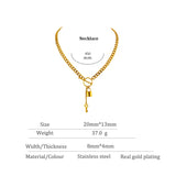 Gold necklace with a lock pendant on a white background, showing measurements and material details.