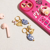 Blue Ceramic Floral Drop Earrings with Pearl Accents