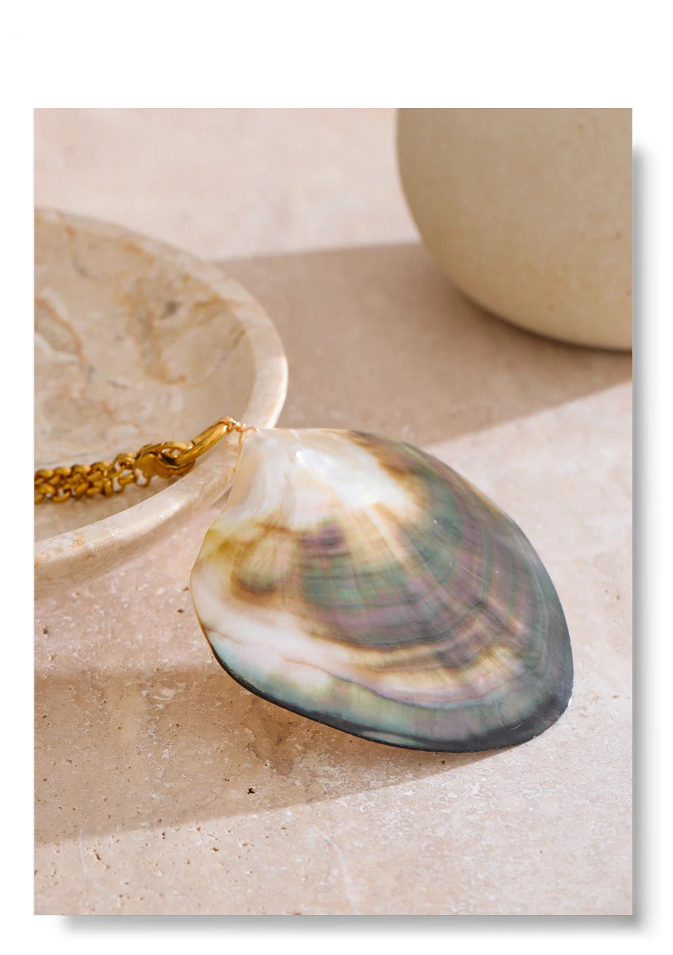 Shell pendant with gold chain on a textured surface