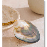 Shell pendant with gold chain on a textured surface