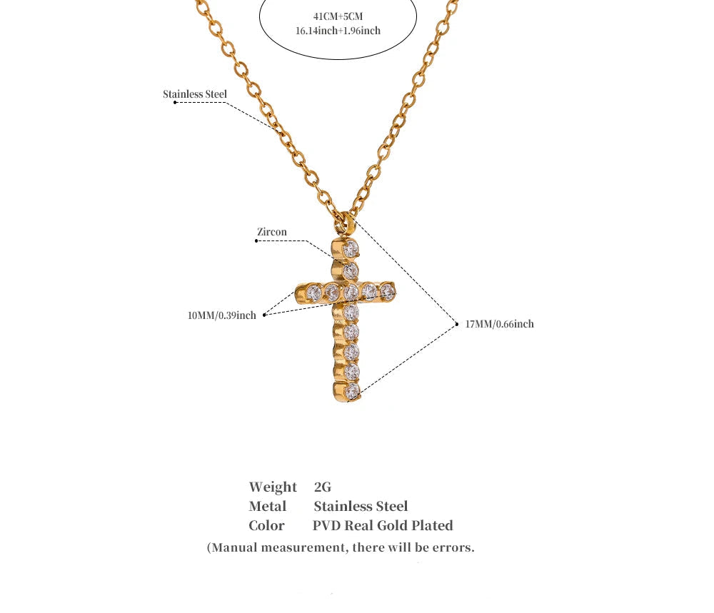 Gold cross necklace with measurement details on a white background