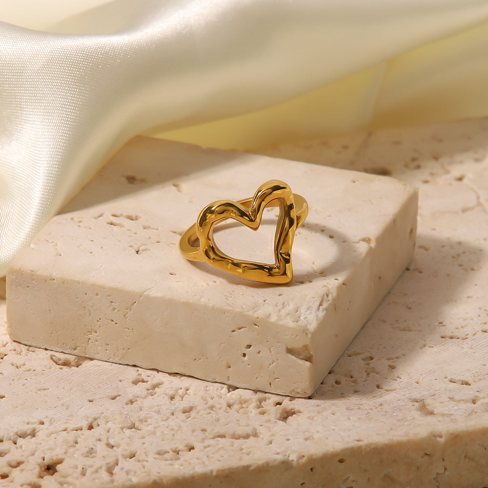 Timeless Stainless Steel Aesthetic Heart Ring, 18K gold-plated, offering a delicate heart design for a refined, elegant look.
