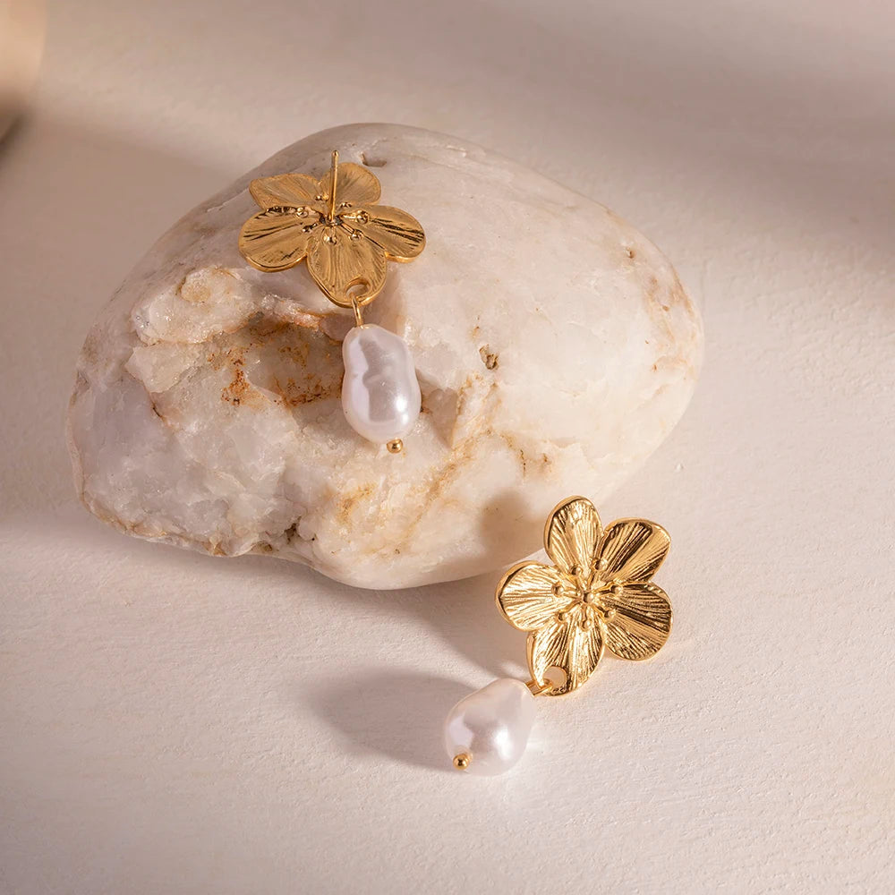 Beautiful 18k gold-plated Blooming Flower Pearl Earrings, combining elegance with comfort for everyday or special occasion wear.
