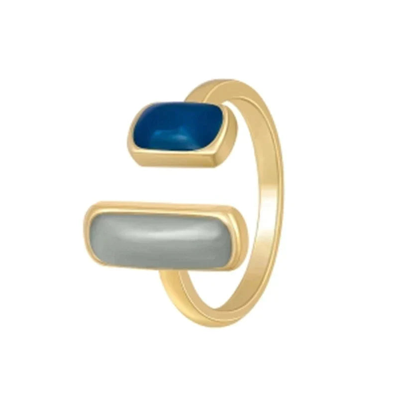 Contemporary Double Stone Ring with sleek 18K gold plating, featuring rectangular stones for a bold, geometric design.