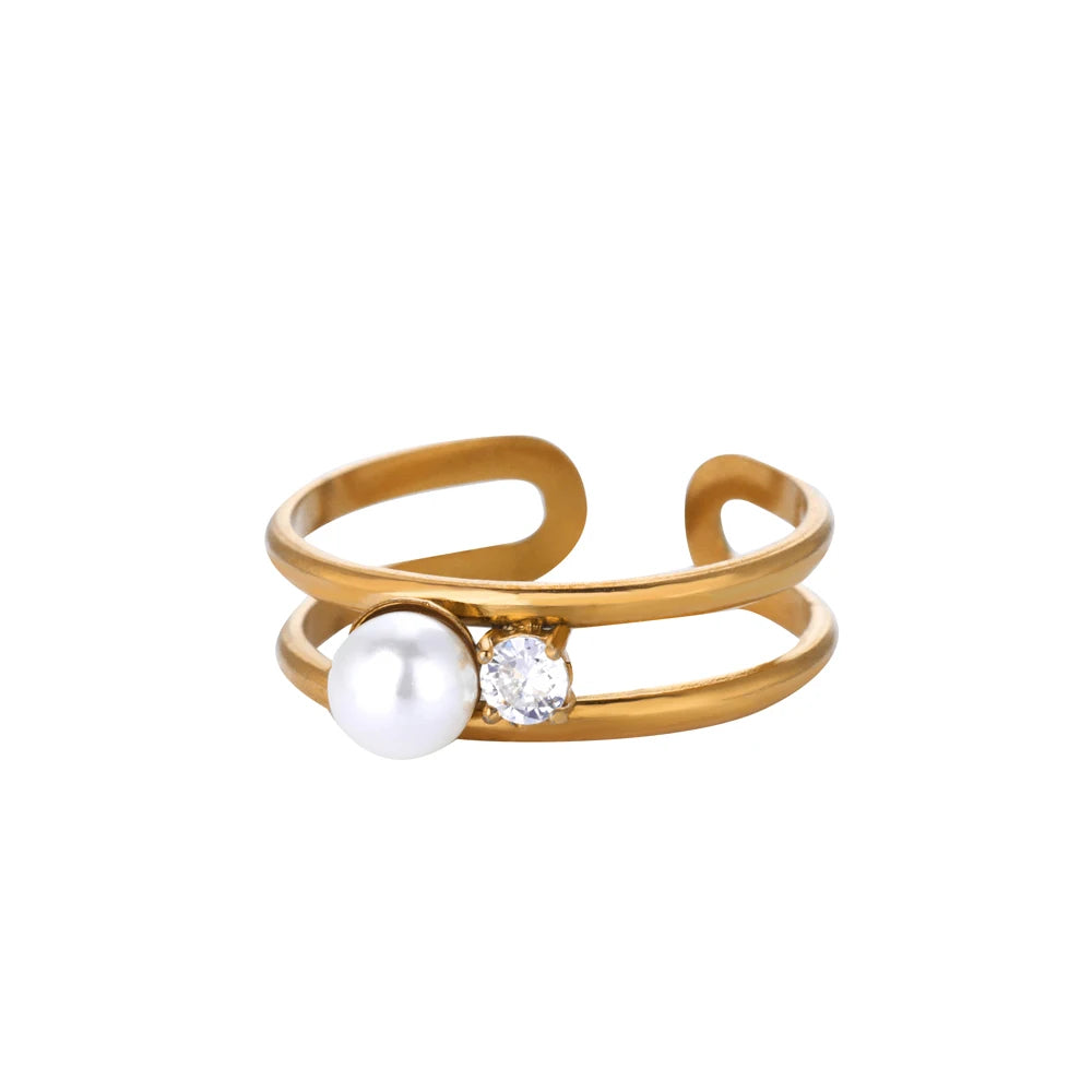 Elegant Double Band Pearl Ring with 18K gold plating, featuring a pearl and crystal accent for a modern, adjustable design.
