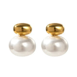 Stylish Double Pearl Gold Stud Earrings, 18K gold-plated with a polished gold cap and large white pearl, perfect for adding elegance to any outfit.