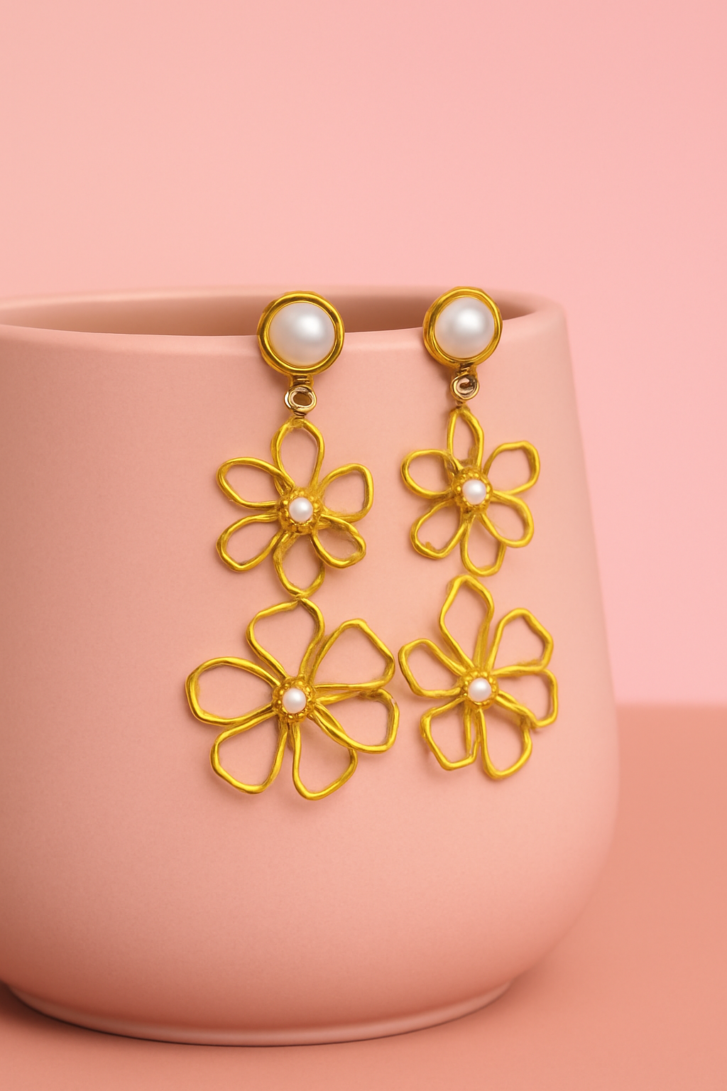 Elegant gold flower pearl stud earrings with faux pearl and delicate bead detailing, ideal for daily wear or special occasions.