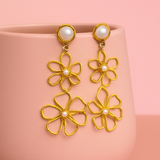 Elegant gold flower pearl stud earrings with faux pearl and delicate bead detailing, ideal for daily wear or special occasions.