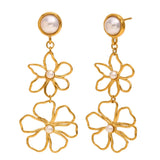 Elegant flower-shaped pearl earrings with 18k gold plating and faux pearl detail, lightweight and perfect for adding a soft, romantic touch to any outfit.