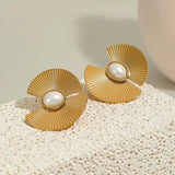 Freshwater pearl stud earrings in hyperbolic shape with 18k gold plating, ideal for timeless style and special occasions