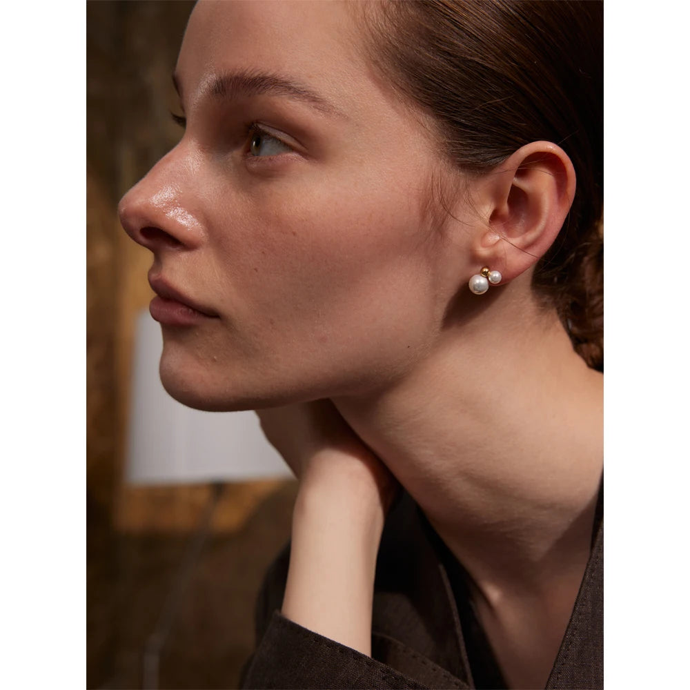Three-piece round freshwater pearl stud earrings with gold plating, simple and elegant for daily or special wear
