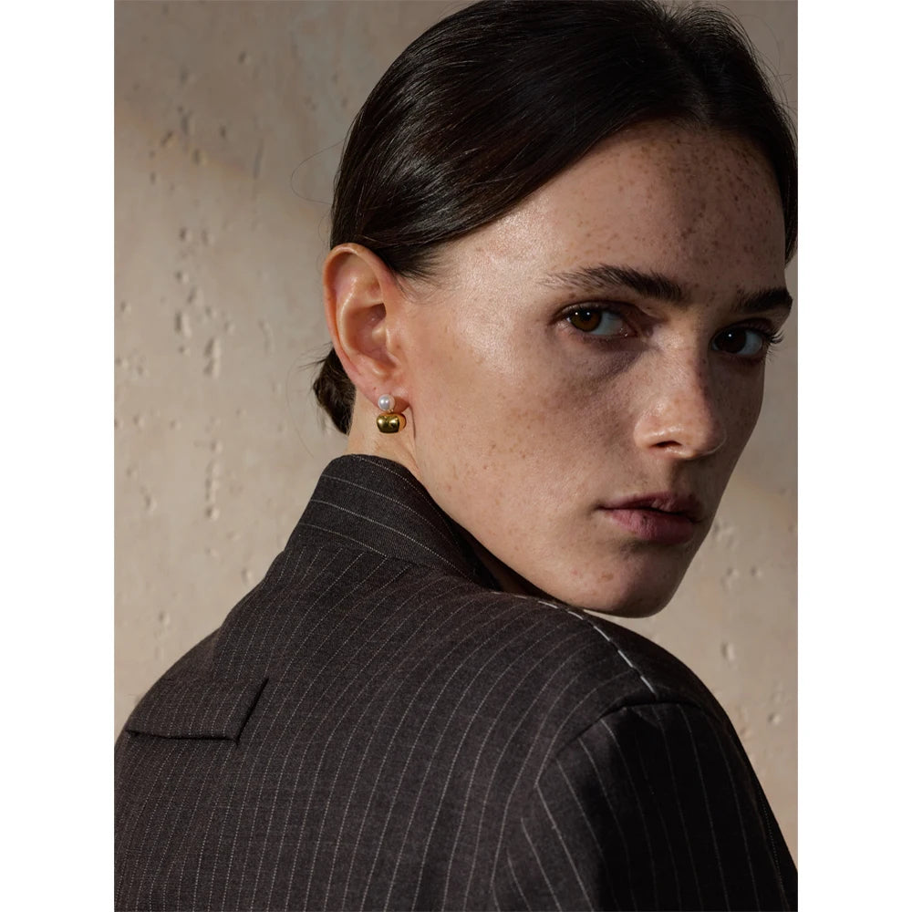 Romantic gold geometric drop earrings with pearl detail, lightweight and elegant for everyday or date night wear