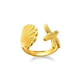 Elegant Gold Starfish Shell Ring, 18K gold-plated, adjustable design that adds a beachy charm and perfect for everyday or coastal-inspired outfits.