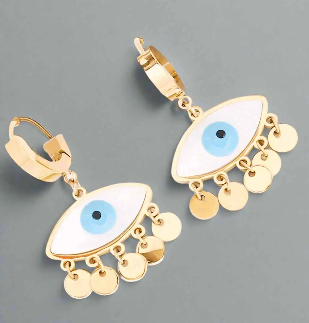Lightweight shell evil eye earrings for women in gold-plated stainless steel with protective blue charm.