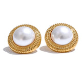 Elegant 12mm round pearl stud earrings with 18k gold plating, perfect for timeless and everyday elegance