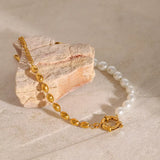 Elegant Pearl and Gold Beaded Chain Bracelet, 18K gold-plated, designed for a refined, adjustable, and timeless look.