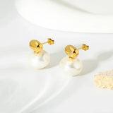 Beautiful Double Pearl Gold Stud Earrings, 18K gold-plated with a shiny white pearl and gold cap, offering a chic and modern design.