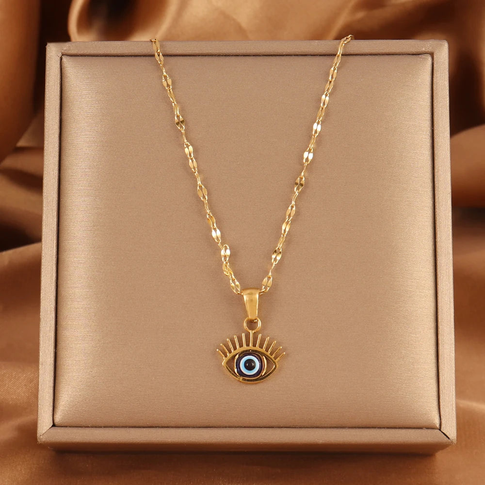 Turkish blue evil eye necklace with gold-plated chain, symbolizing protection and good luck, stylish and meaningful jewelry for everyday wear.