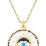 Gold plated white enamel evil eye necklace with blue stones and adjustable chain, perfect for everyday wear and positive energy.