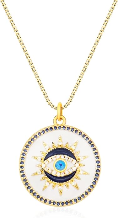 Gold plated white enamel evil eye necklace with blue stones and adjustable chain, perfect for everyday wear and positive energy.