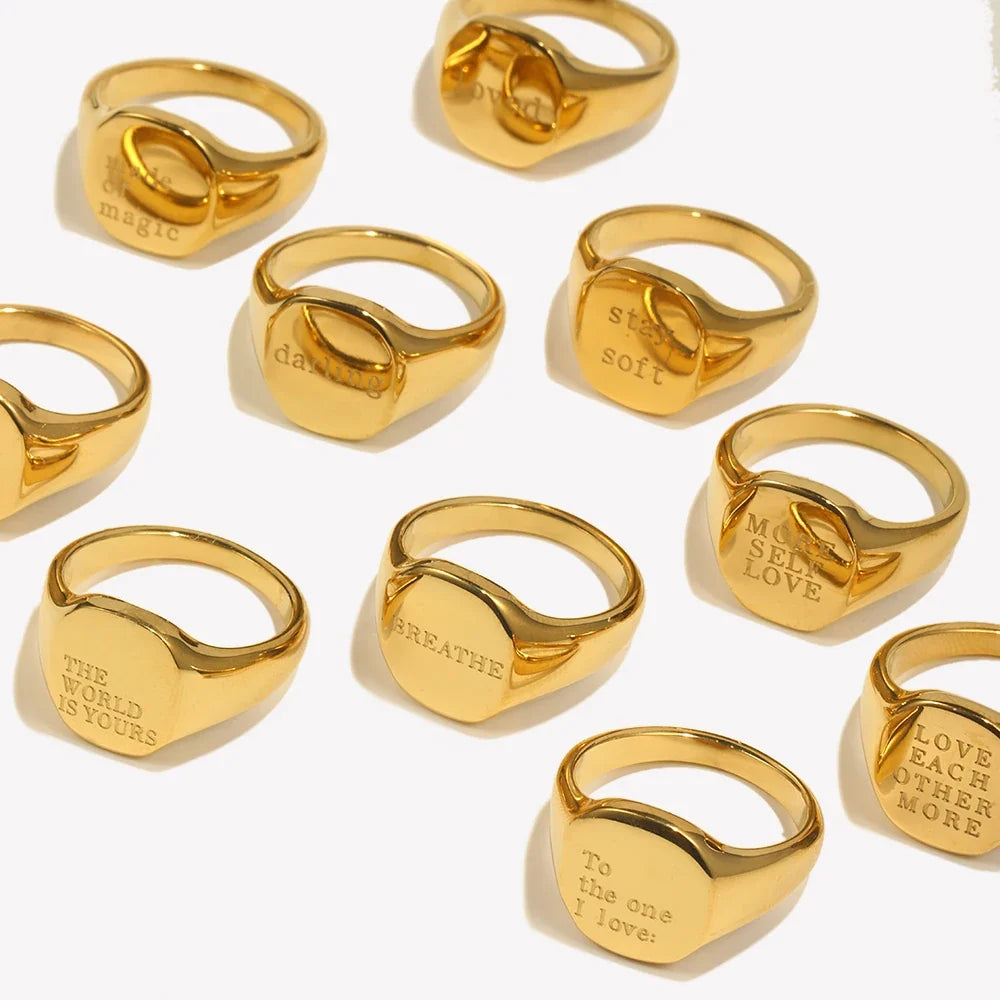 Ezra Gems engraved letter word ring, 18K gold plated