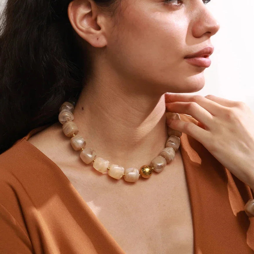 Ezra Gems acrylic square beads chain necklace, waterproof gold plated