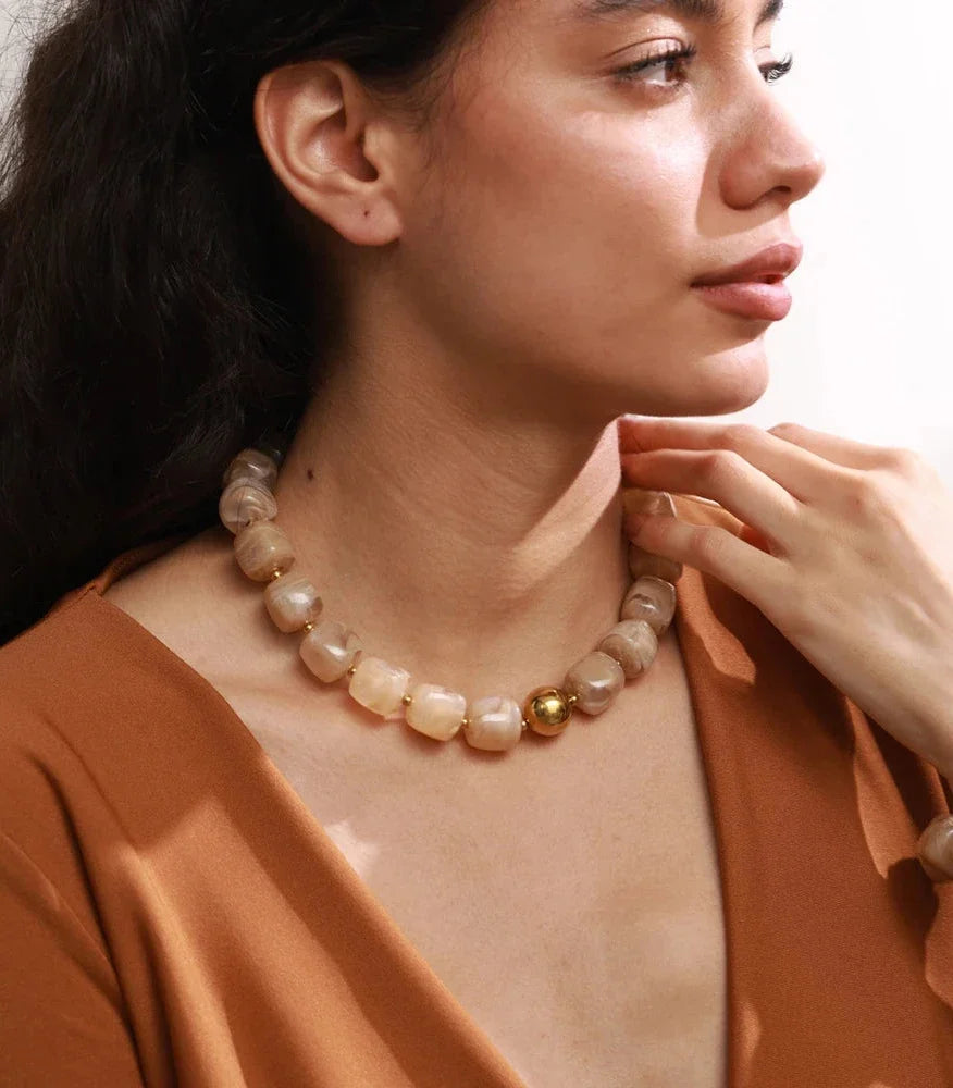 Ezra Gems acrylic square beads chain necklace, waterproof gold plated