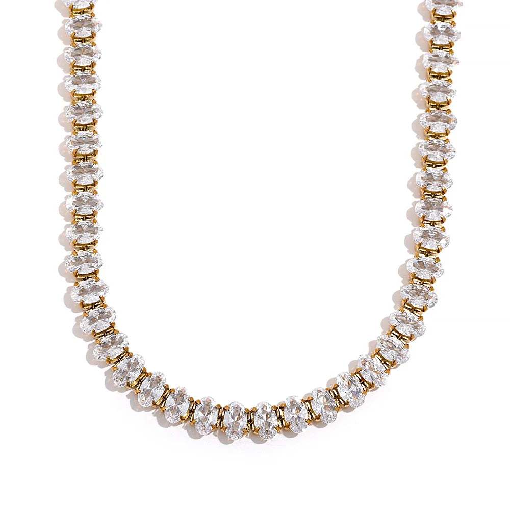 Ezra Gems clear gemstone tennis necklace, 18K gold plated waterproof stainless steel