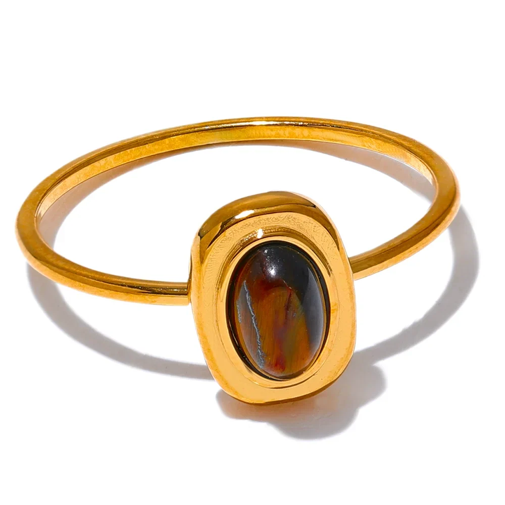 Ezra Gems natural stone thin stacking ring, waterproof 18k gold-plated stainless steel
