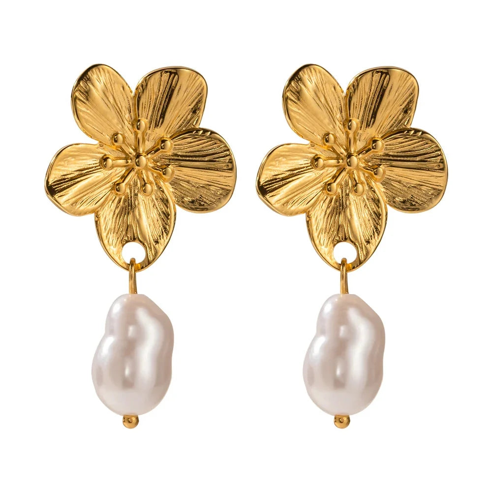 Ezra Gems blooming flower pearl earrings, hypoallergenic and tarnish-free