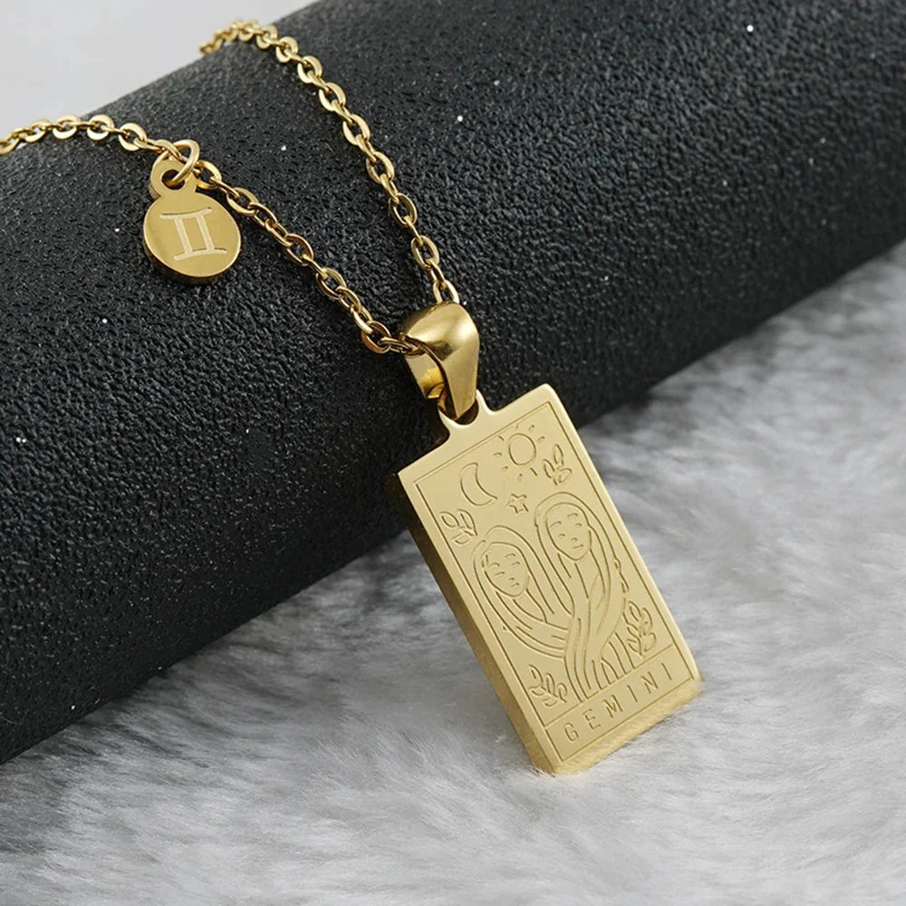 Gemini Zodiac Sign Tarot Necklace, 18K gold plated pendant, Ezra Gems