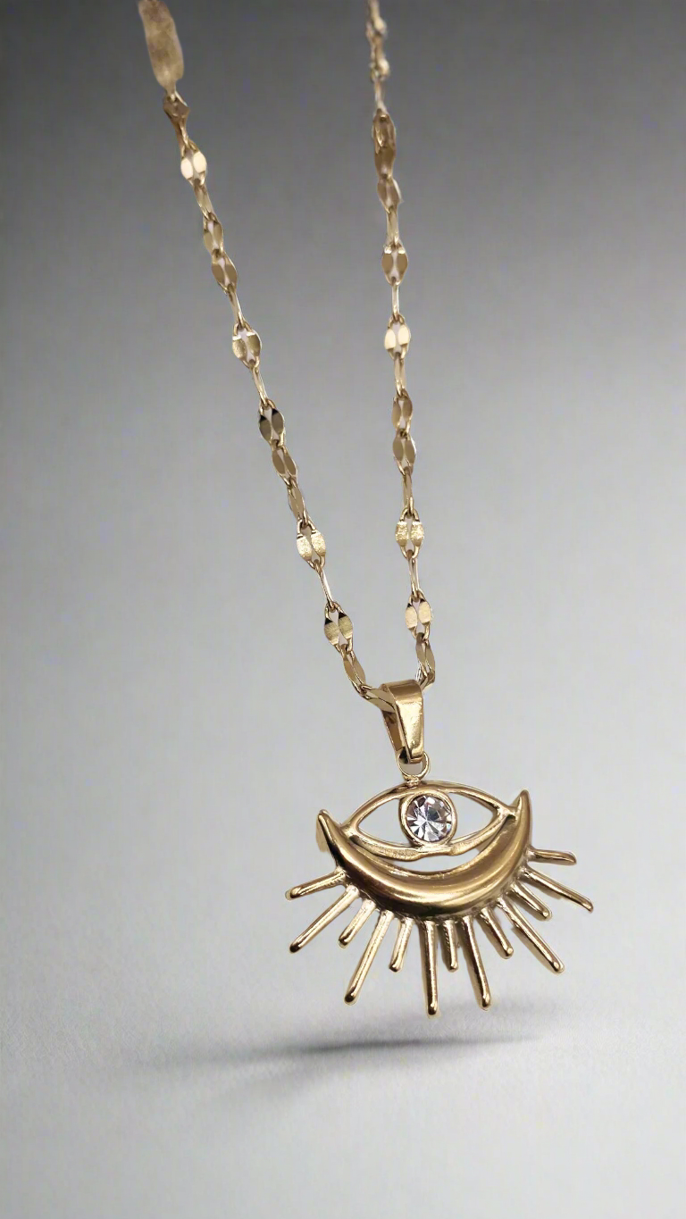 Ezra Gems sunburst evil eye pendant necklace — waterproof gold-plated protection jewelry