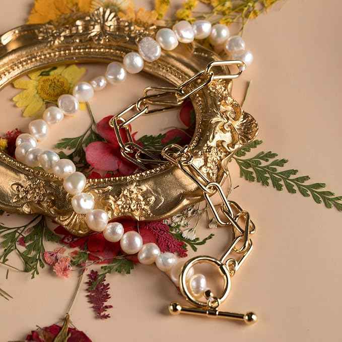 Ezra Gems vintage yellow gold pearl necklace, chunky clip vintage inspired