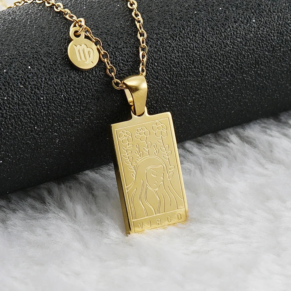 Virgo Zodiac Sign Tarot Necklace, 18K gold plated pendant, Ezra Gems
