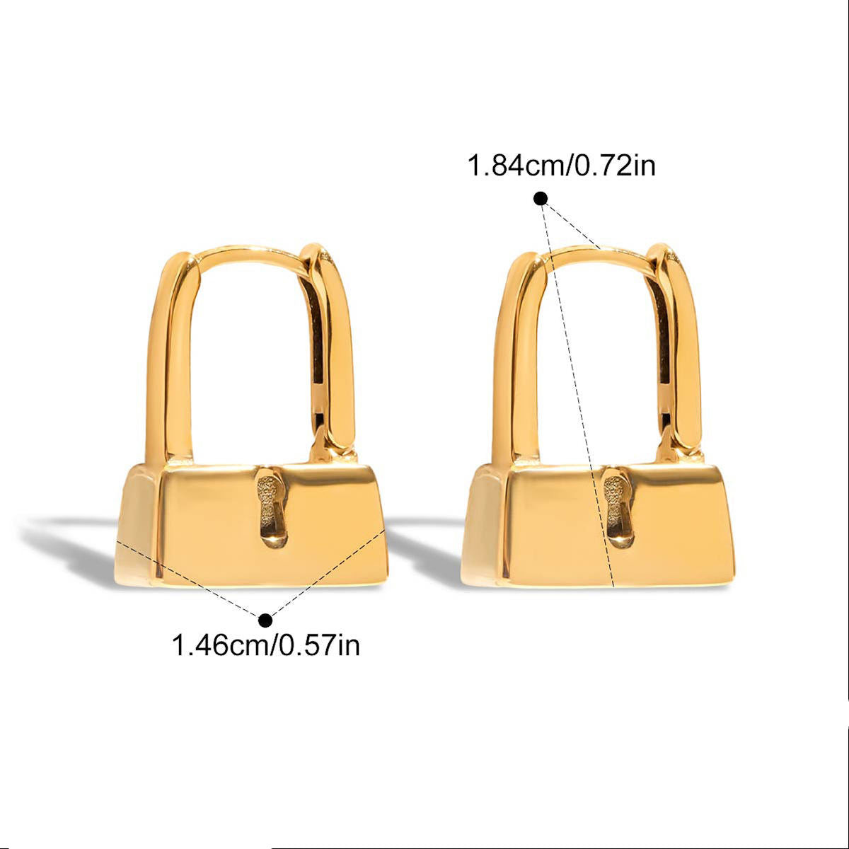 Gold hoop earrings with measurements and product details on a white background