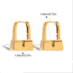 Gold hoop earrings with measurements and product details on a white background