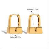Gold hoop earrings with measurements and product details on a white background