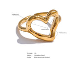 Gold heart-shaped ring with measurements and material details on a white background