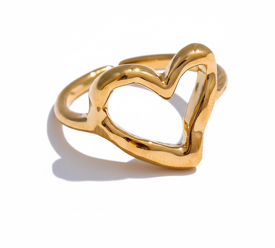 Gold heart-shaped ring on a white background