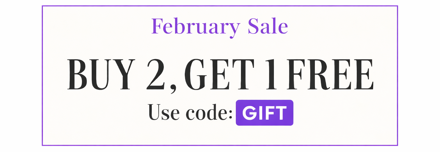 Promotional text for a February sale with a buy two, get one free offer on a white background.