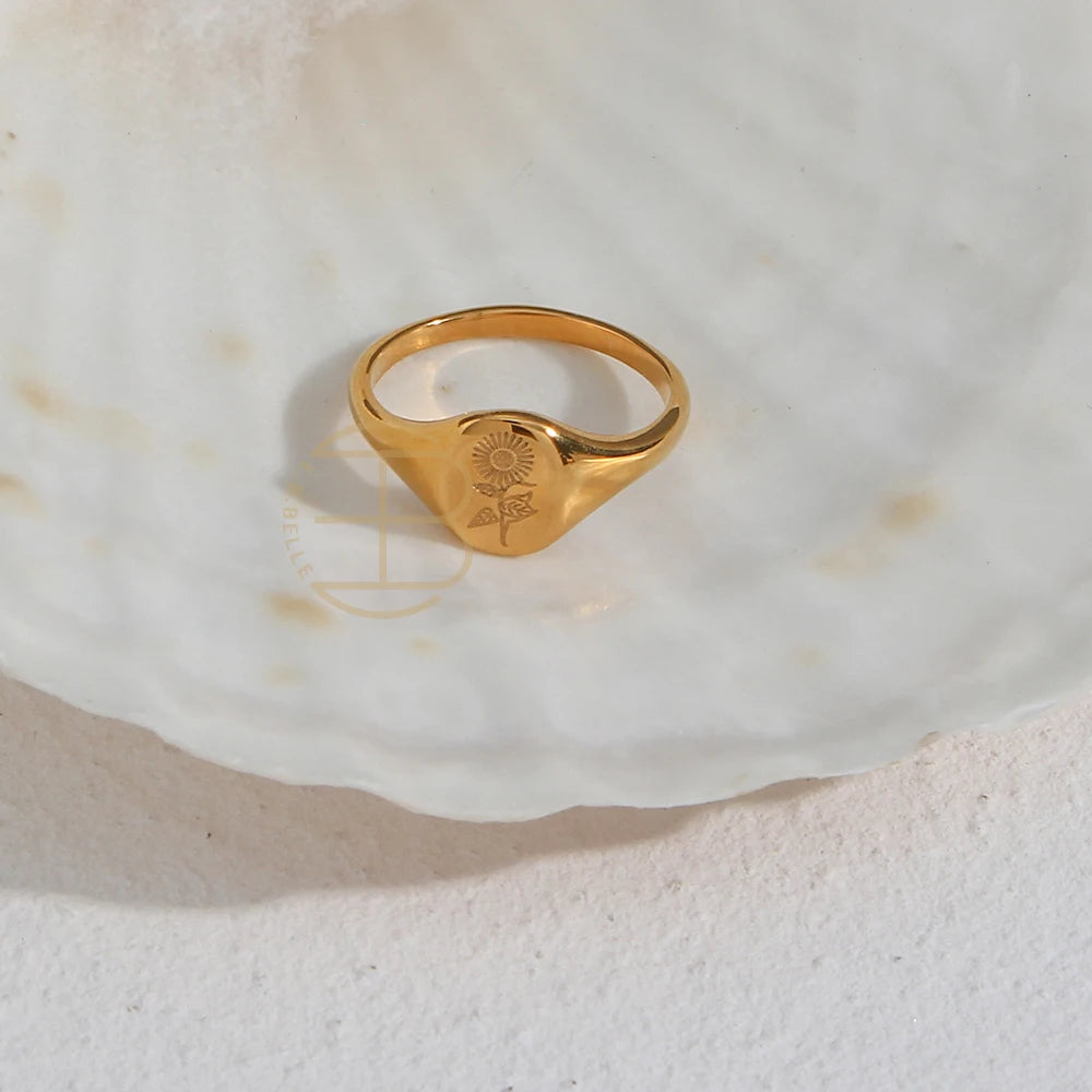 Engraved Wildflower Signet Ring – Waterproof 18K Gold Plated Ring | Ezra Gems