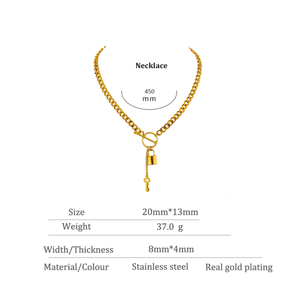 Gold necklace with a lock pendant on a white background, showing measurements and material details.