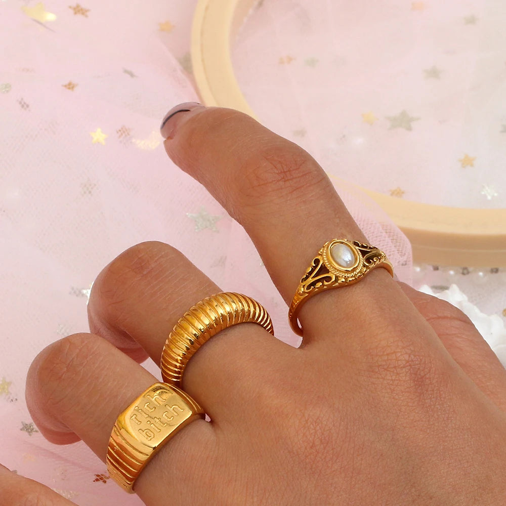 Hollow Texture Pearl Band Ring – Waterproof 18K Gold Plated Ring | Ezra Gems