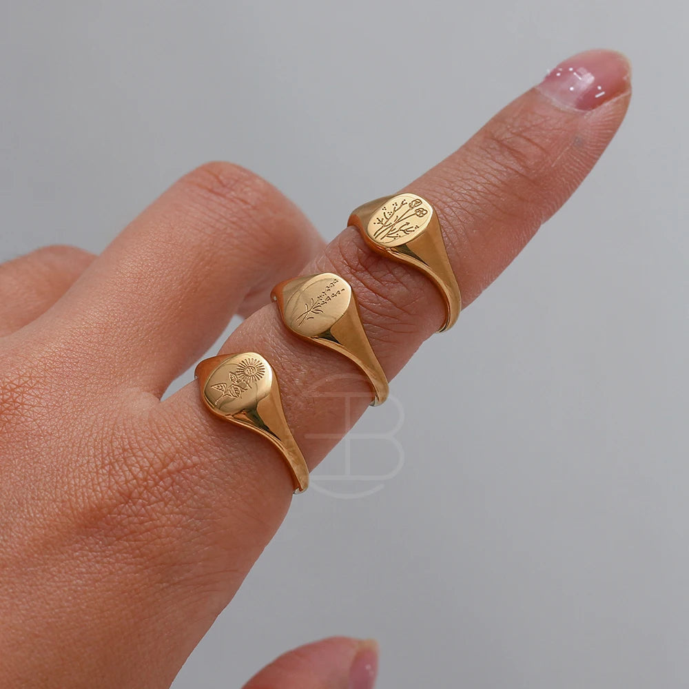 Engraved Wildflower Signet Ring – Waterproof 18K Gold Plated Ring | Ezra Gems
