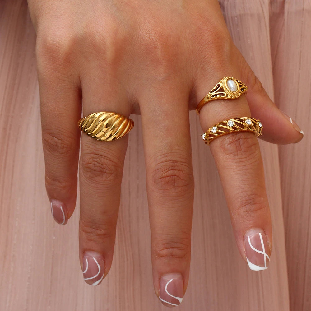 Hollow Texture Pearl Band Ring – Waterproof 18K Gold Plated Ring | Ezra Gems