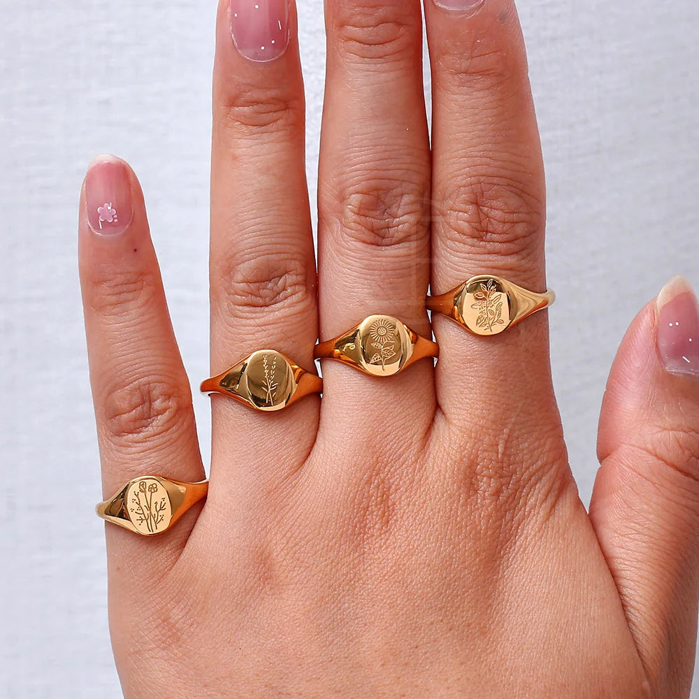 Engraved Wildflower Signet Ring – Waterproof 18K Gold Plated Ring | Ezra Gems