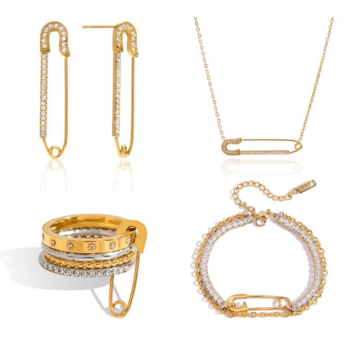 Gold jewelry set including earrings, ring, and bracelet on a white background