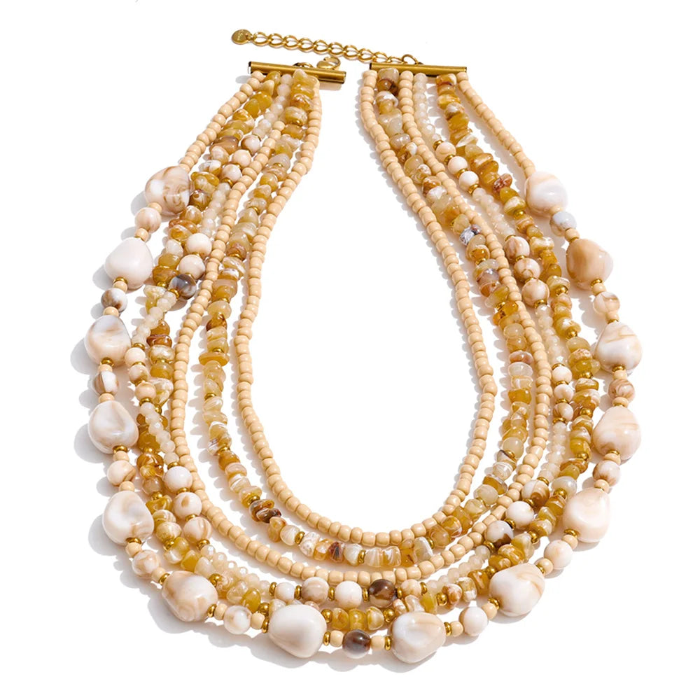 Layered Resin Bead Bib Necklace – Waterproof 18K Gold Plated Necklace | Ezra Gems