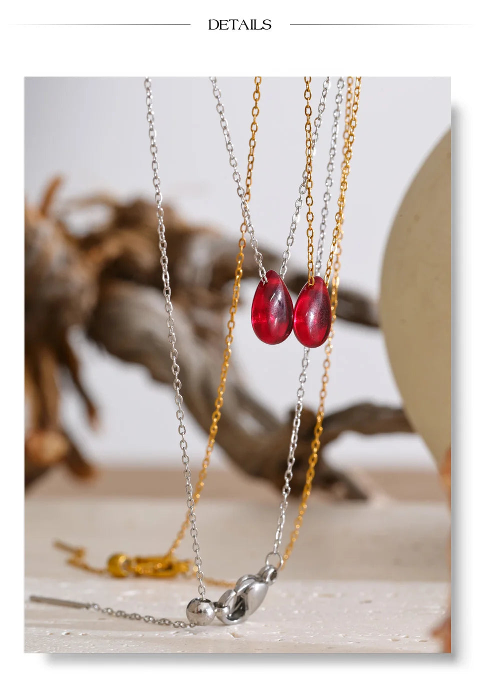 Red Resin Water Drop Pendant Necklace – Waterproof 18K Gold Plated Necklace | Ezra Gems