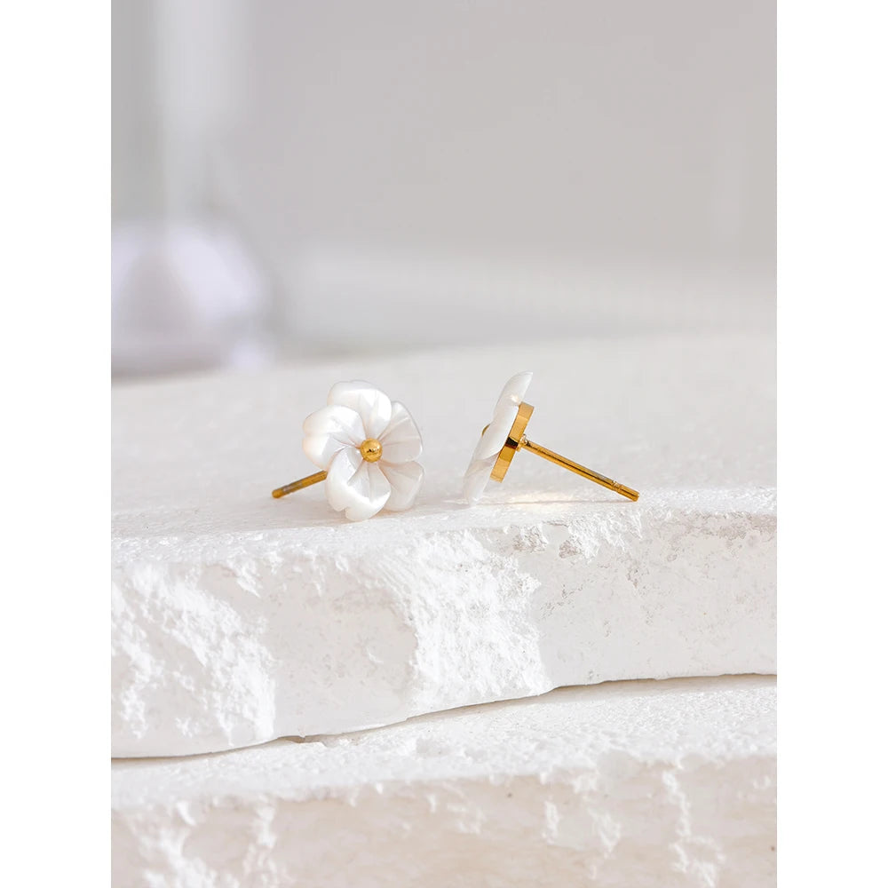 Natural Shell Flower Stud Earrings – Waterproof 18K Gold Plated Earrings | Ezra Gems